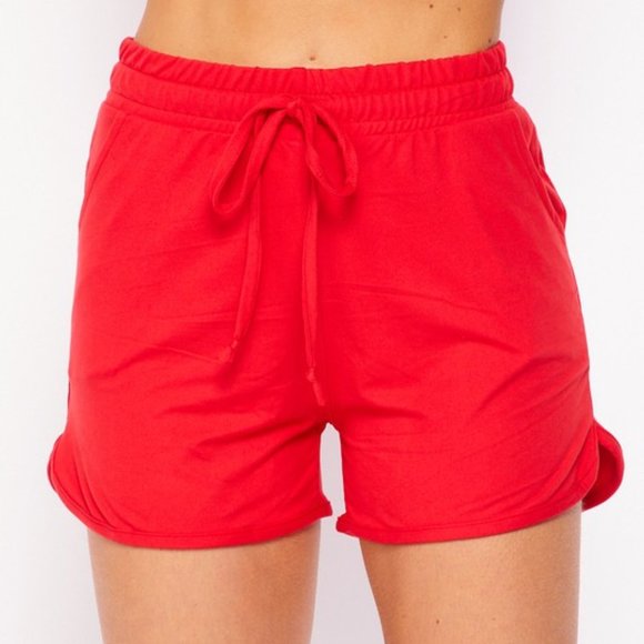 Red high waist comfy drawstring pocket dolphin hem workout casual solid shorts - Picture 2 of 2
